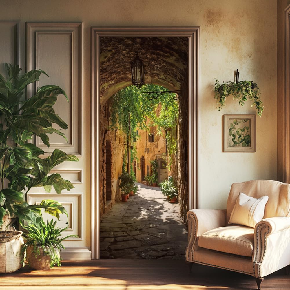 arricraft 2 Pcs Self-Adhesive Door Stickers, 31.5"x78.7" 3D Tuscan Corridor Pattern Door Murals Stickers PVC Doors Removable Wallpaper Decoration for Bedrooms Living Room Home Decoration