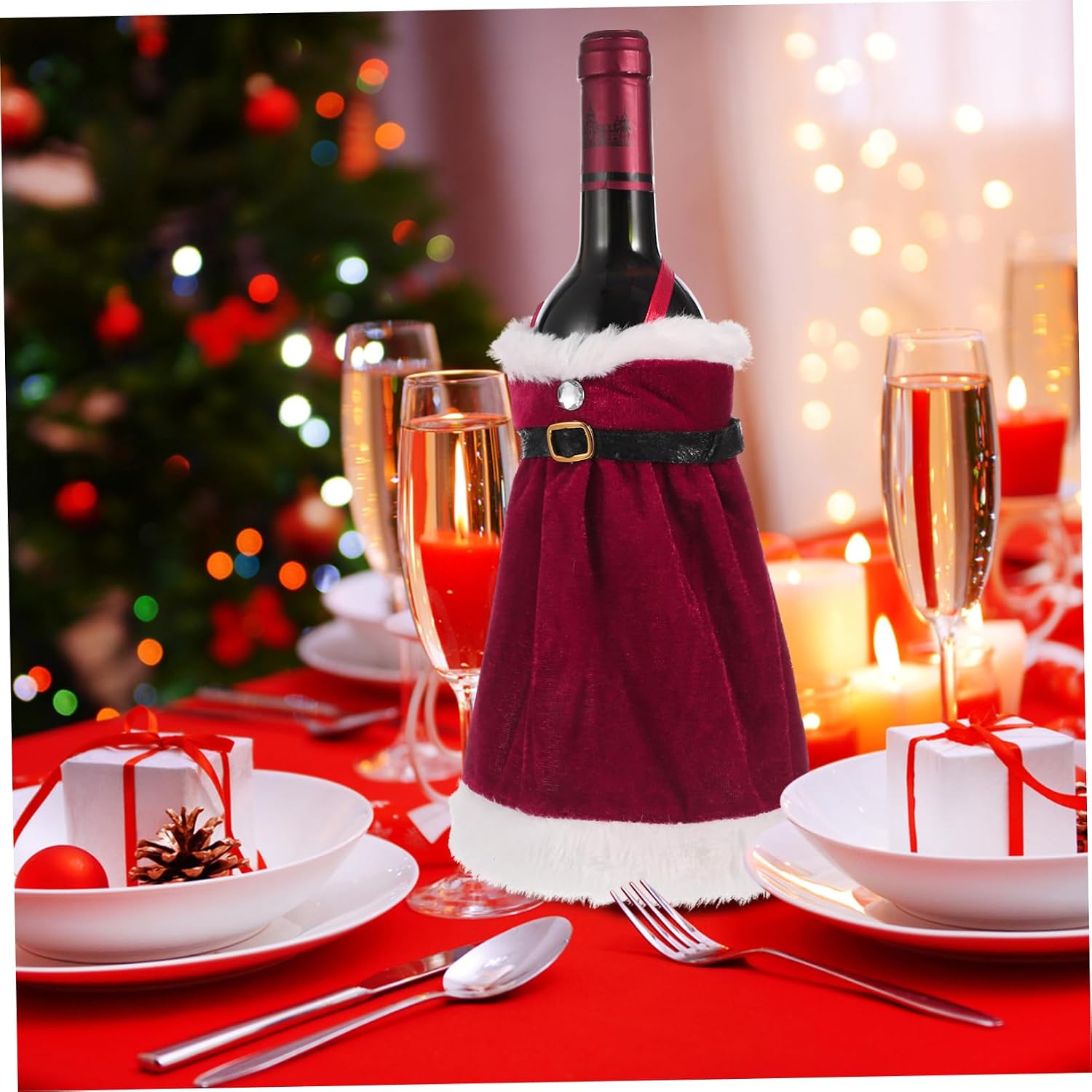 2pcs Christmas Wine Bottle Cover Bag Red Velvet Xmas Decor