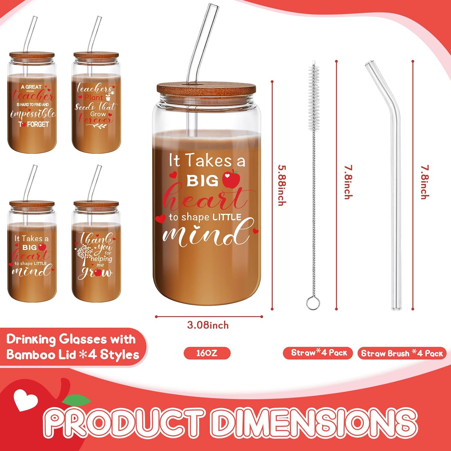 Zubebe 4 Pcs 16 oz Valentine Tumbler Gifts for Women Teacher Appreciation Gifts Thank You Coffee Cup Tumbler Drinking Glass Beer Cups with Bamboo Lids Glass Straw Cleaning Brush for Employee(Classic) - Image 2