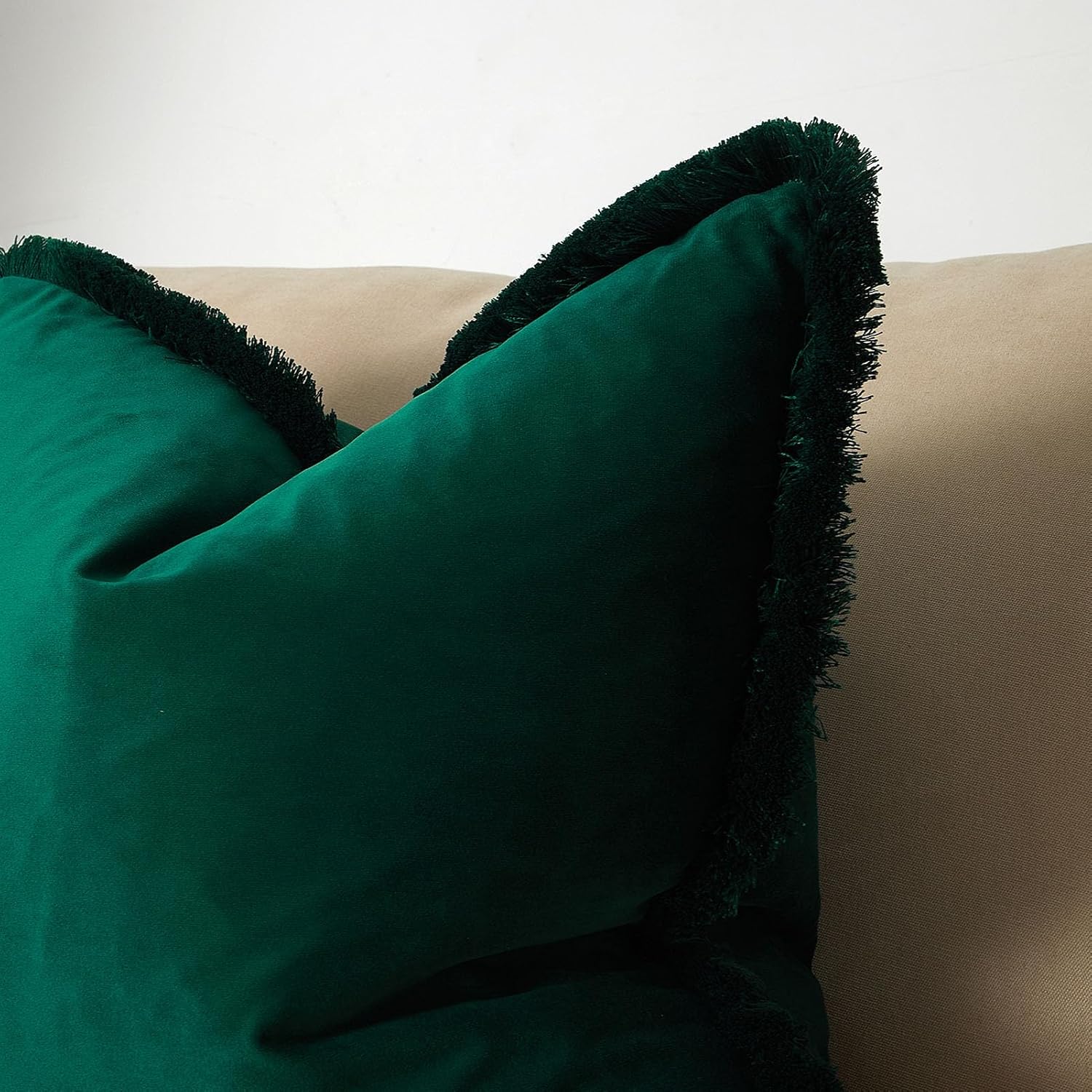 JUSPURBET Forest Green Velvet Throw Pillow Covers 24x24 Inch Set of 2 with Soft Tassel Fringe Luxury Boho Pillowcase for Sofa Couch Bed Home Decor Machine Washable