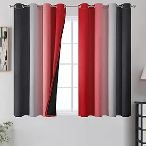 Estelar Textiler Ombre Red and Black Curtains 45 Inch Length 2 Panels, 100% Blackout Curtains for Living Room, Grommet Thermal Insulated Drapes, Full Light Blocking Curtains for Bedroom, 52x45 Inch