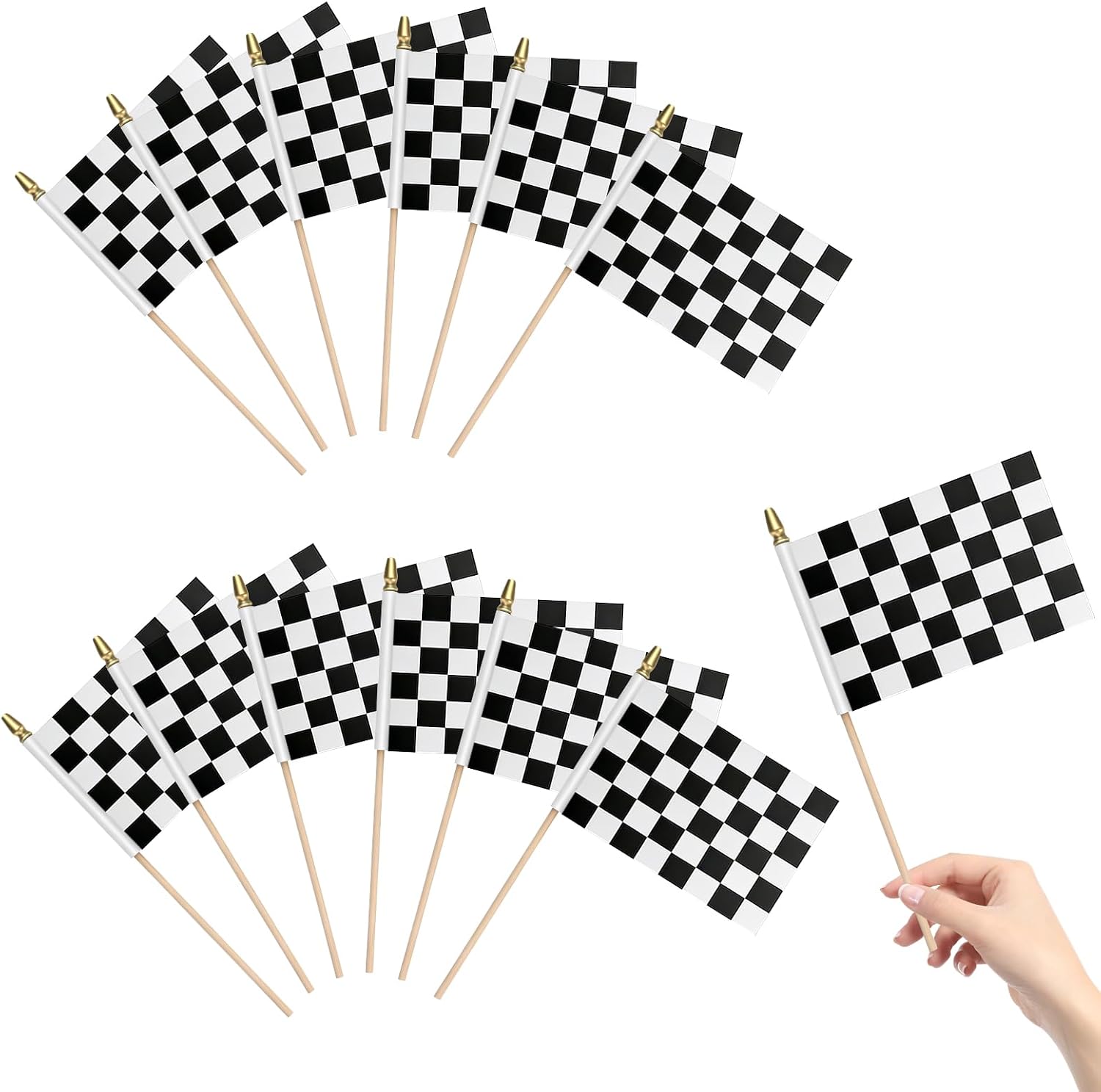 12Pack Small Checkered Black and White Racing Flags Hand Held Flag Mini Race Car Flags on Wooden Stick Garden Outdoor Decorations,4x6 Inch