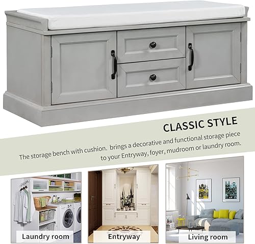 Miniatura 7 de Cajones de almacenamiento y 2 gabinetes, banco de zapatos con cojín extraíble y asiento para entrada, sala de estar, pasillo, dormitorio, 47