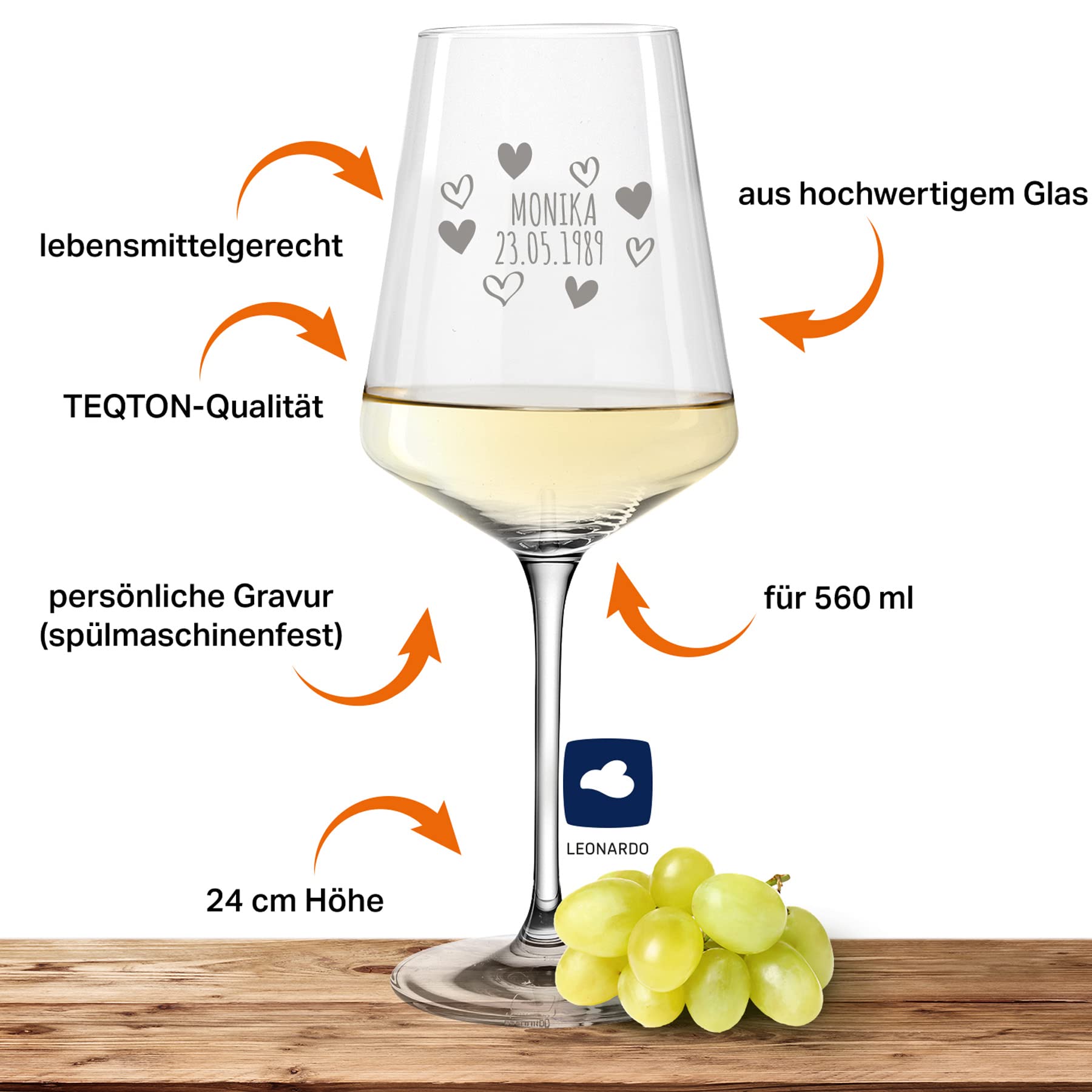 Deitert Leonardo Weißweinglas mit Namen oder Wunschtext graviert - PUCCINI - großes 560ml Glas - personalisiertes Weinglas als Geschenkidee für Männer und Frauen, Motiv Herzrahmen