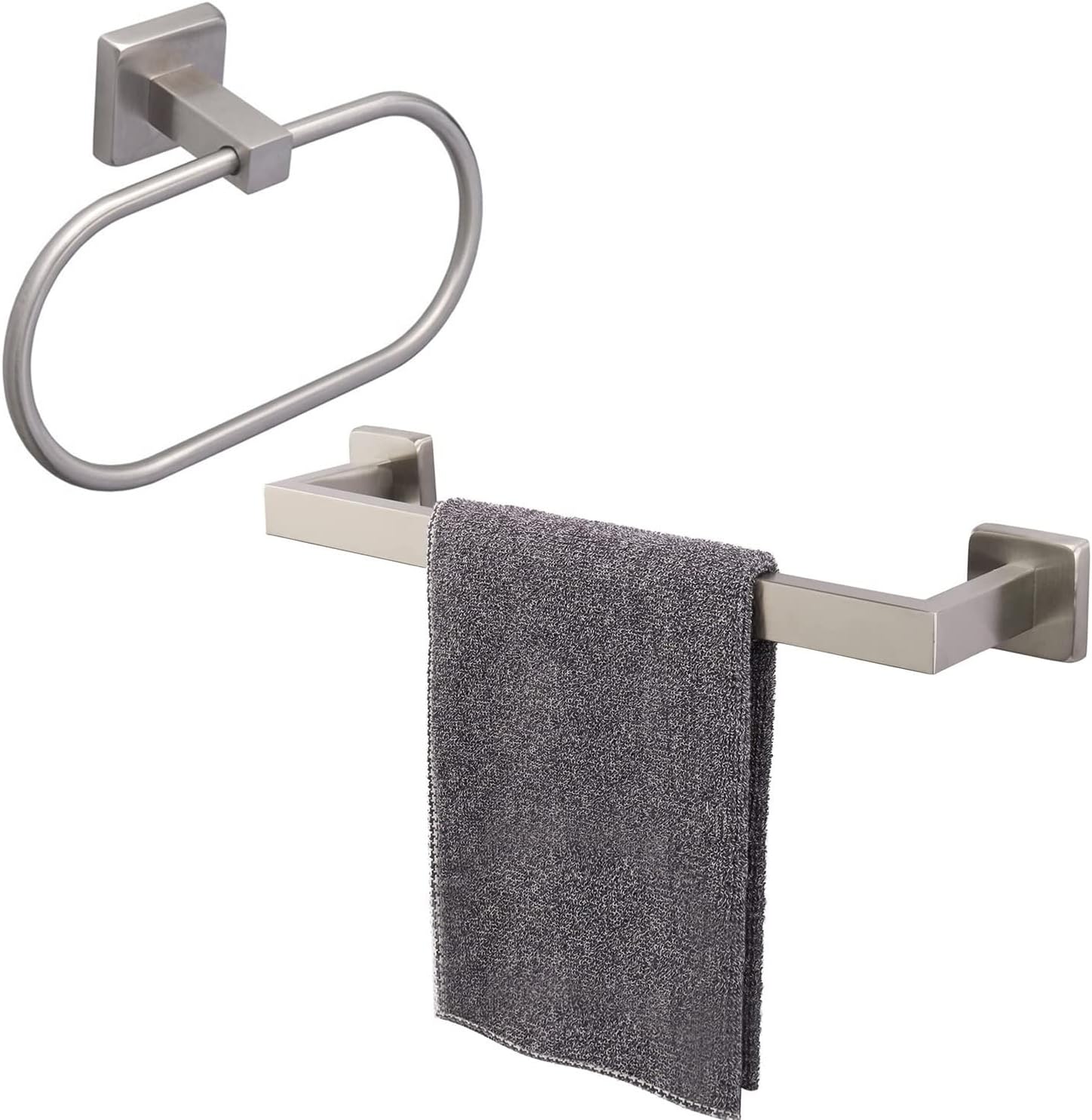 TocTen Bath Towel Rack and Towel Ring Accessory Set, SUS304 Stainless Steel 16 Inch Towel Bar, Heavy Duty Unique Oval Hand Towel Hanger Wall Mounted for Bathroom Kitchen Sink (Brushed Nickel)