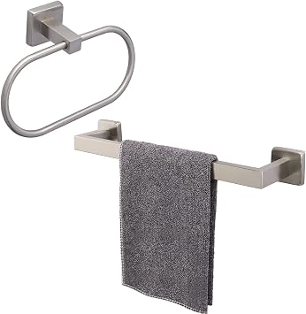 TocTen Bath Towel Rack and Towel Ring Accessory Set, SUS304 Stainless Steel 16 Inch Towel Bar, Heavy Duty Unique Oval Hand Towel Hanger Wall Mounted for Bathroom Kitchen Sink Brushed Nickel