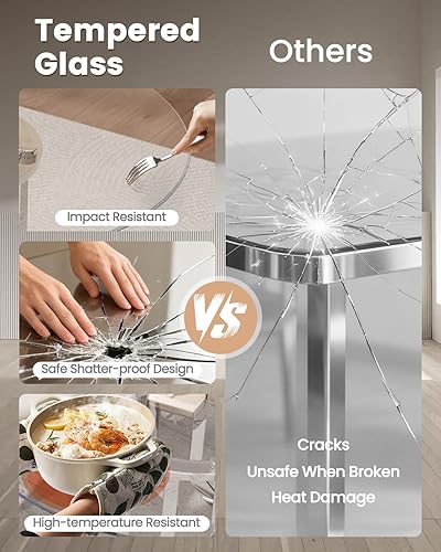 Miniatura 7 de Mesa de comedor redonda de vidrio de 47 pulgadas para 4-6: mesa de cocina de vidrio circular con patas de acero, mesa de comedor moderna para cena,