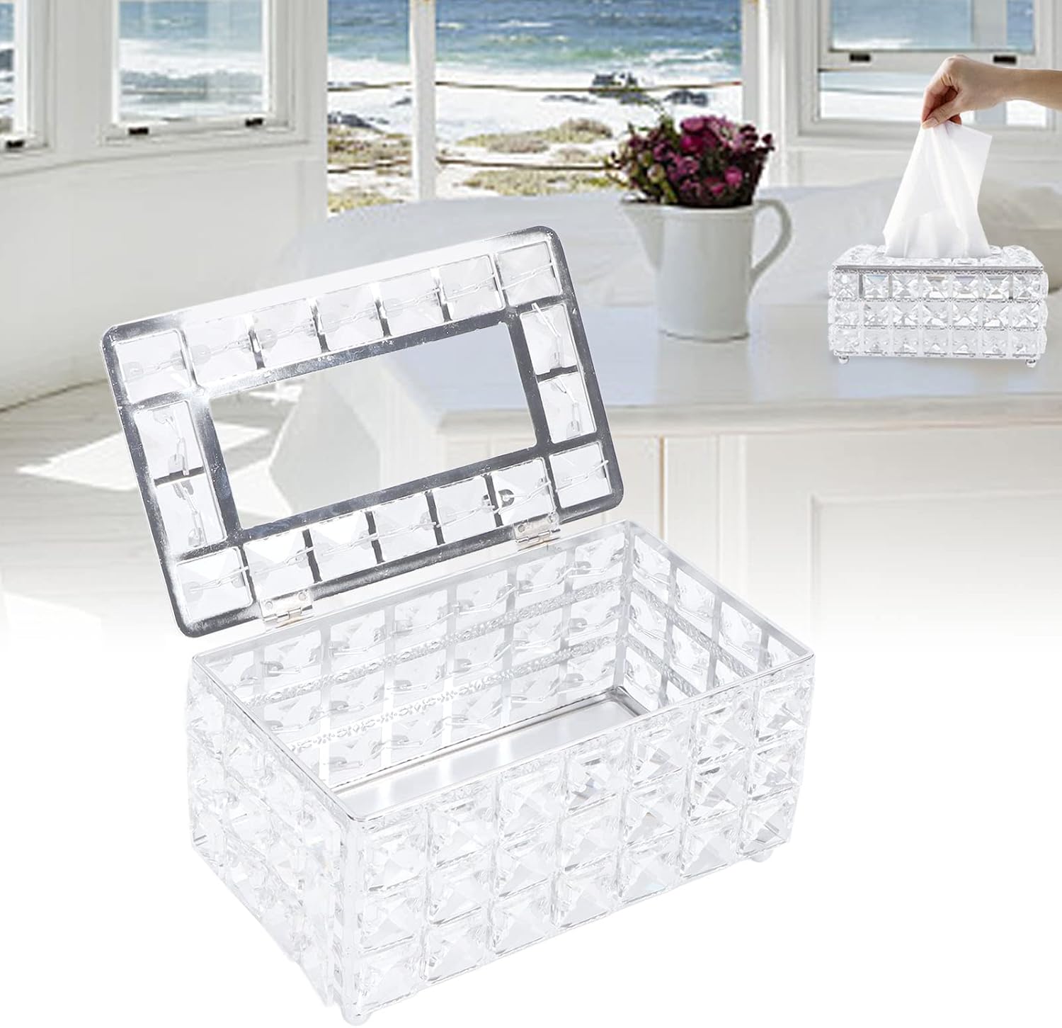 Fafeicy Classic Rectangular Artificial Crystal Tissue Box Holder for Living Room Bedroom Office