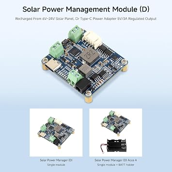Waveshare Solar Power Manager Module (D), Solar Charge Controller USB, Supports 6V~24V Solar Panel and Type-C Power Adapter, 5V/3A Regulated Output, with Battery Holder (Batteries are Not Included)