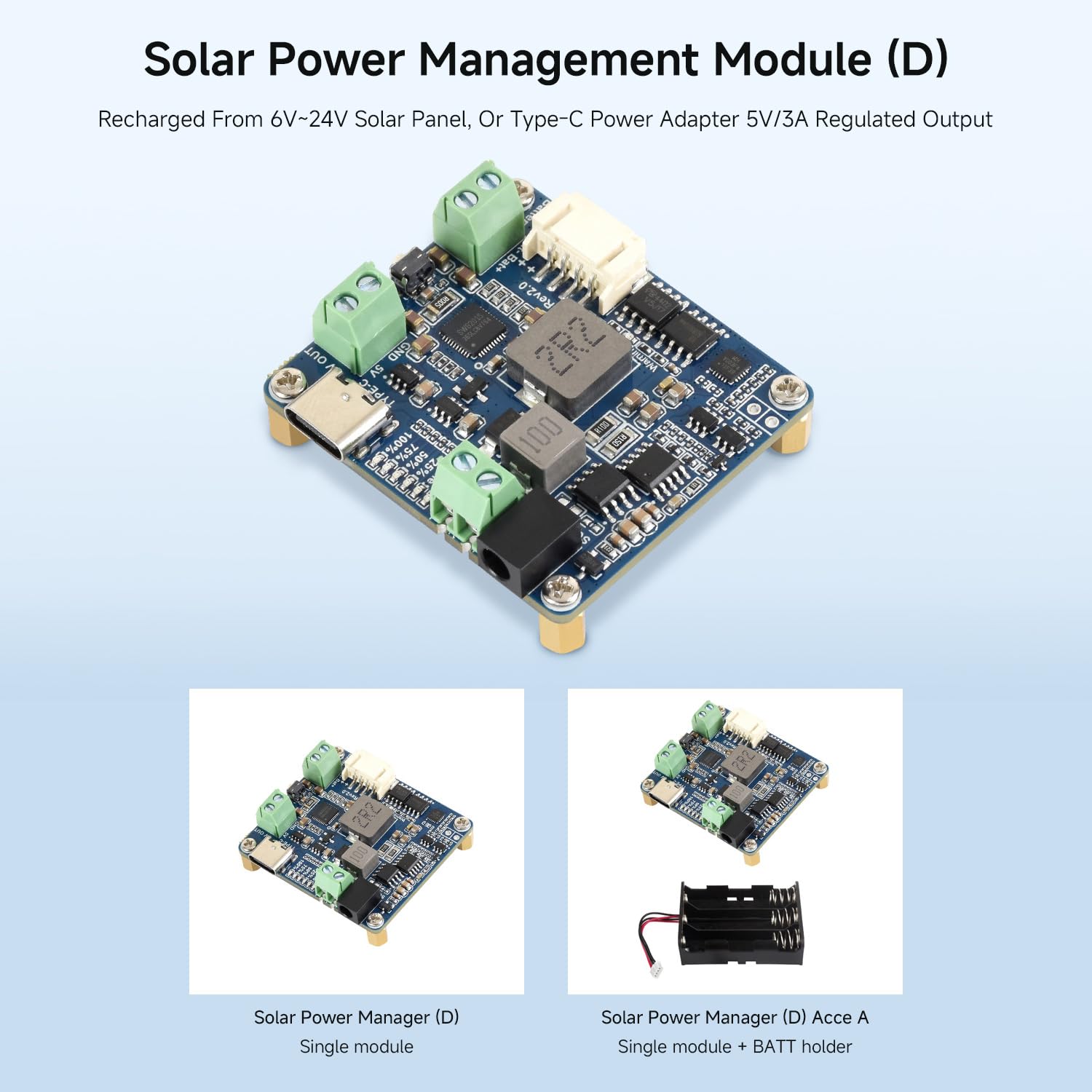 Waveshare Solar Power Manager Module (D), Supports 6V~24V Solar Panel and Type-C Power Adapter, 5V/3A Regulated Output, Solar Controller USB, MPPT Solar Charger