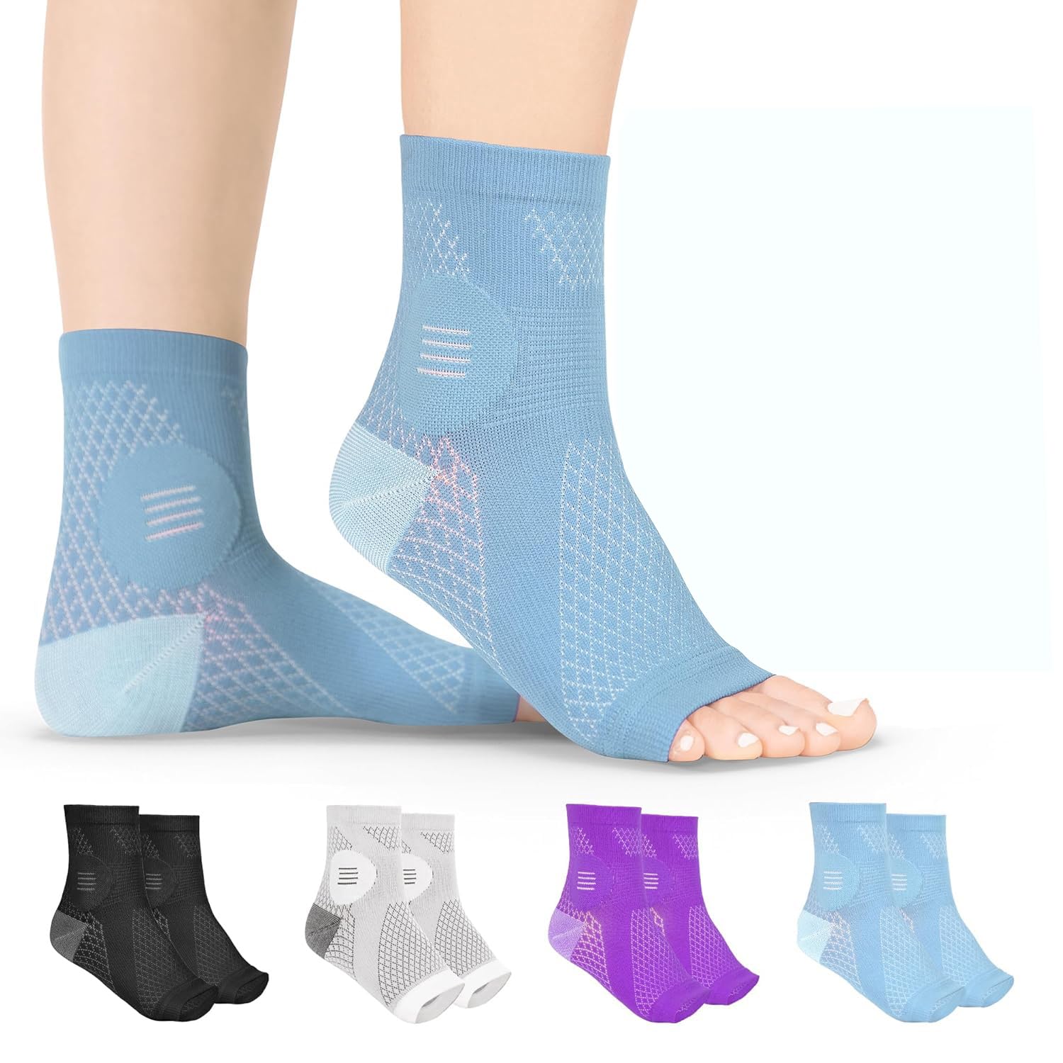 Neuropathy Socks (Pair) - Neuritis Compression Diabetic Toeless Foot Sleeves for Nerve Damage Pain in Feet, Ankle Gout, Plantar Fasciitis Relief Brace for Men and Women (Light Blue-M)-image-20