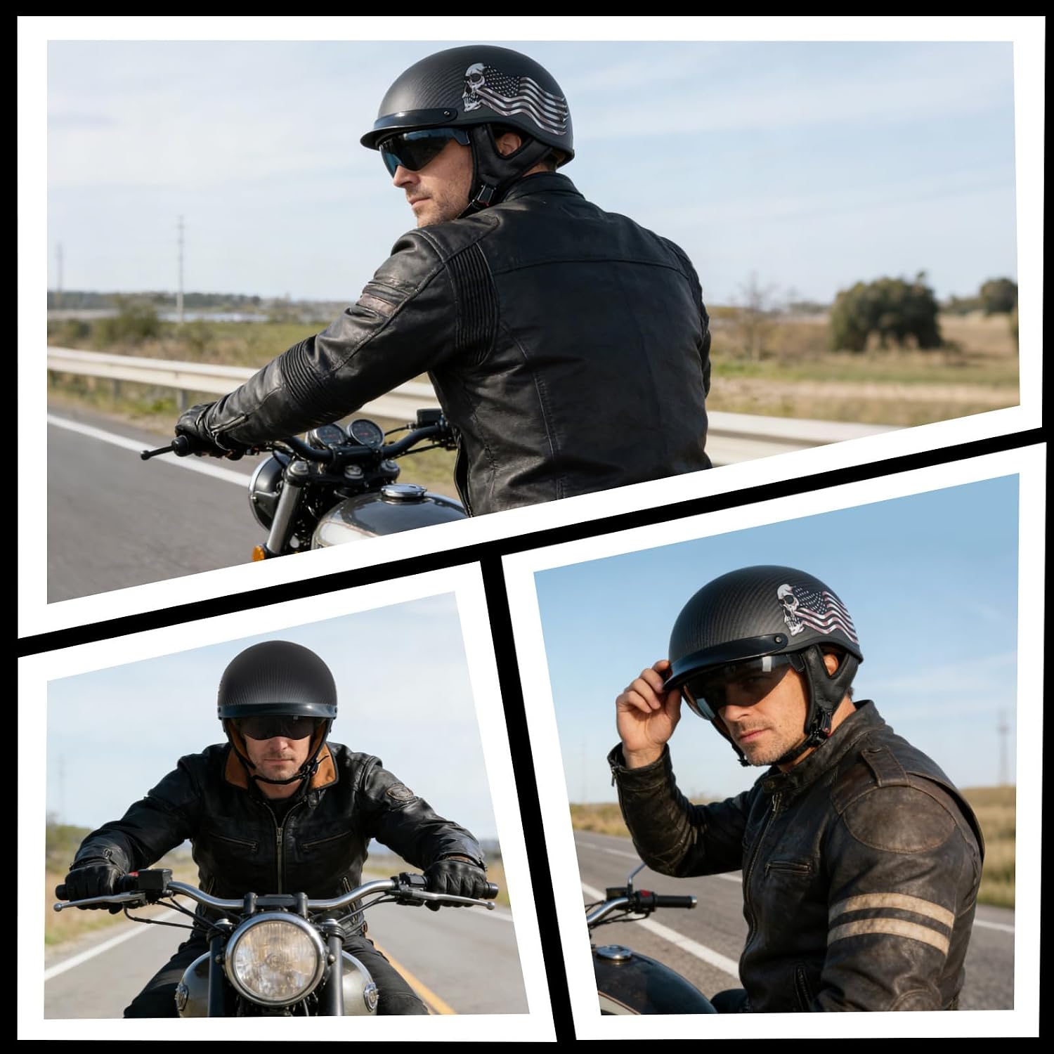 VCOROS Carbon Fiber Open Face Retro Motorcycle Helmets Men Women Half Face Helmets for Motorbike Cruiser Chopper Moped Scooter ATV (Flag Skull, XL)