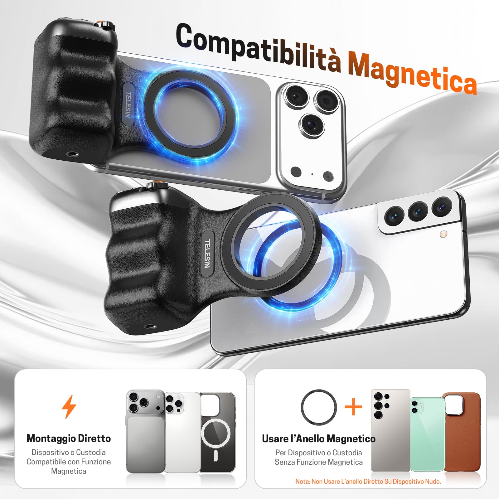 Jeebel Impugnatura Magnetica Smartphone - Grip Magnetica Camera per Telefono con Telecomando USB Wireless & Filetto 1/4 Pollice -Stabilizzatore Fotocamera per iPhone Android per Selfie Vlog Video