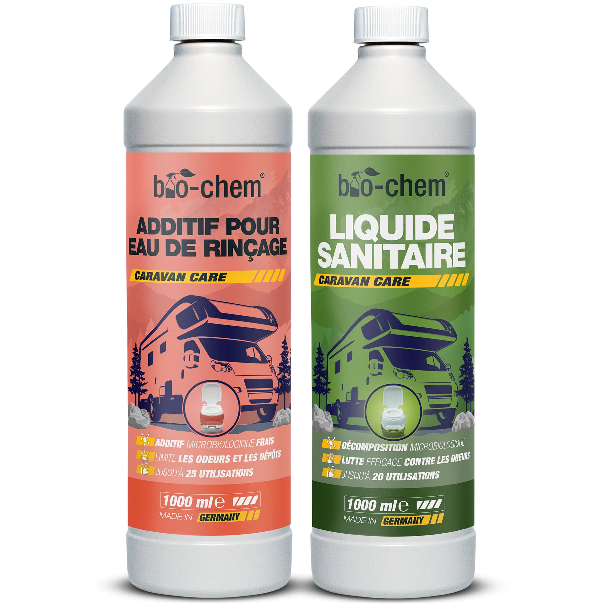 Bio-Chem - Kits d'additifs hygiéniques pour Le Camping - Additifs microbiologiques pour Toilettes de Camping - Liquide sanitaire, additif pour Eau de rinçage, Grises, réservoir d'eau Propre