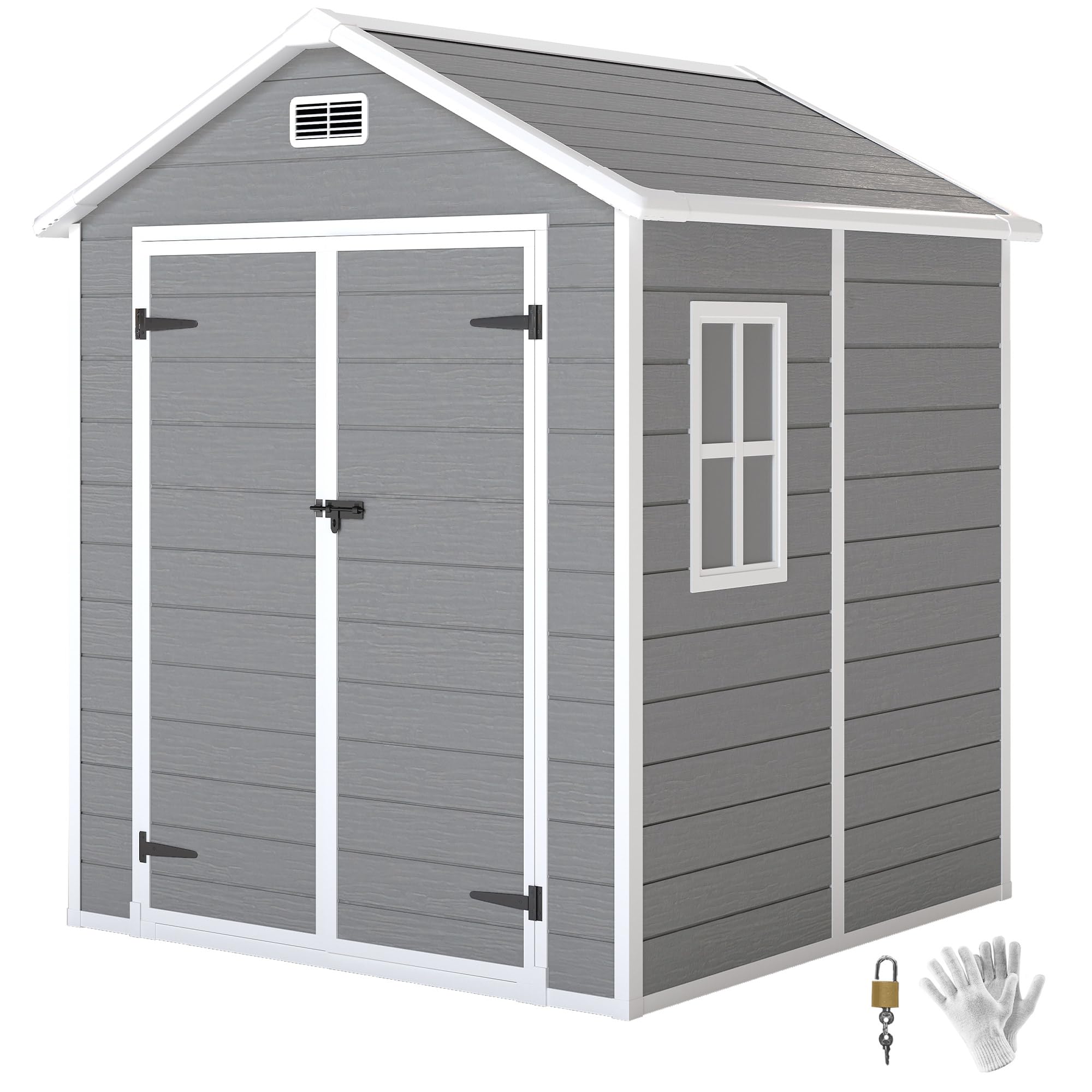 Outsunny Abri de Jardin en résine 2,​7 m² avec Plancher Structure en Aluminium 182 x 151 x 219 cm, cabane de Jardin cabanon Rangement Outils Portes avec Serrure et clés 3 fenêtre, Gris