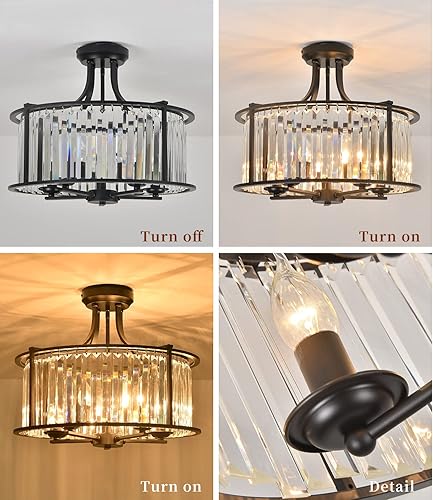 Miniatura 3 de 5-Light Black Semi Flush Mount Crystal Chandelier Metal Modern Ceiling Light Fixture Lighting for Living Room Dining Room Kitchen Bedroom Foyer