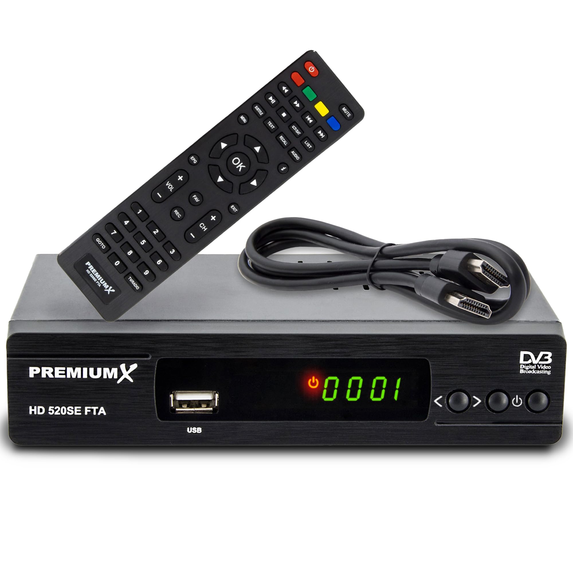 PremiumX odbiornik satelitarny HD 520SE FTA Digital SAT, DVB-S2 FullHD HDMI SCART 2 X USB odtwarzacz multimedialny, Astra Hotbird wstępnie zaprogramowany