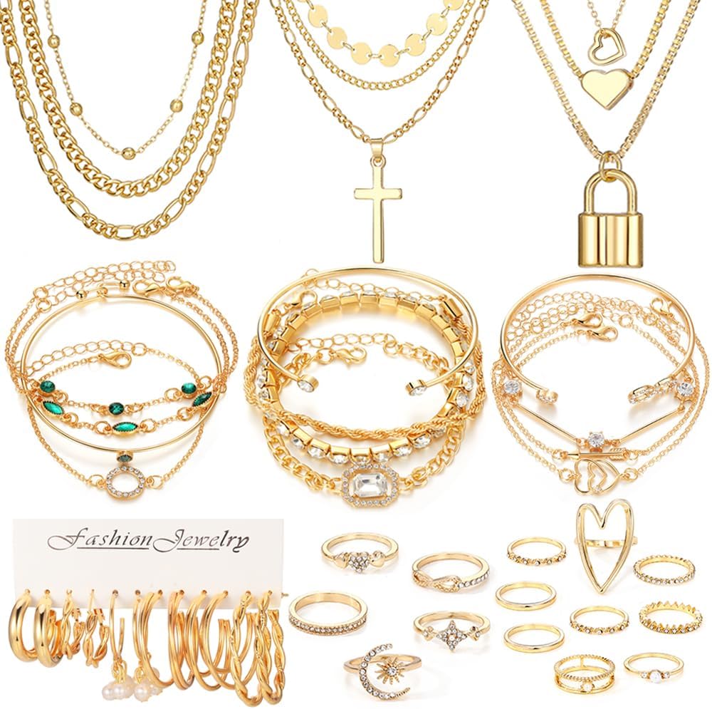 50 PCS Golden Jewelry Set for Women, Dainty Dangle Earrings, Stackable Ring, Multi-Layered Bracelet Necklace Valentine Anniversary Fashion Party Jewelry Pack Gift for Her