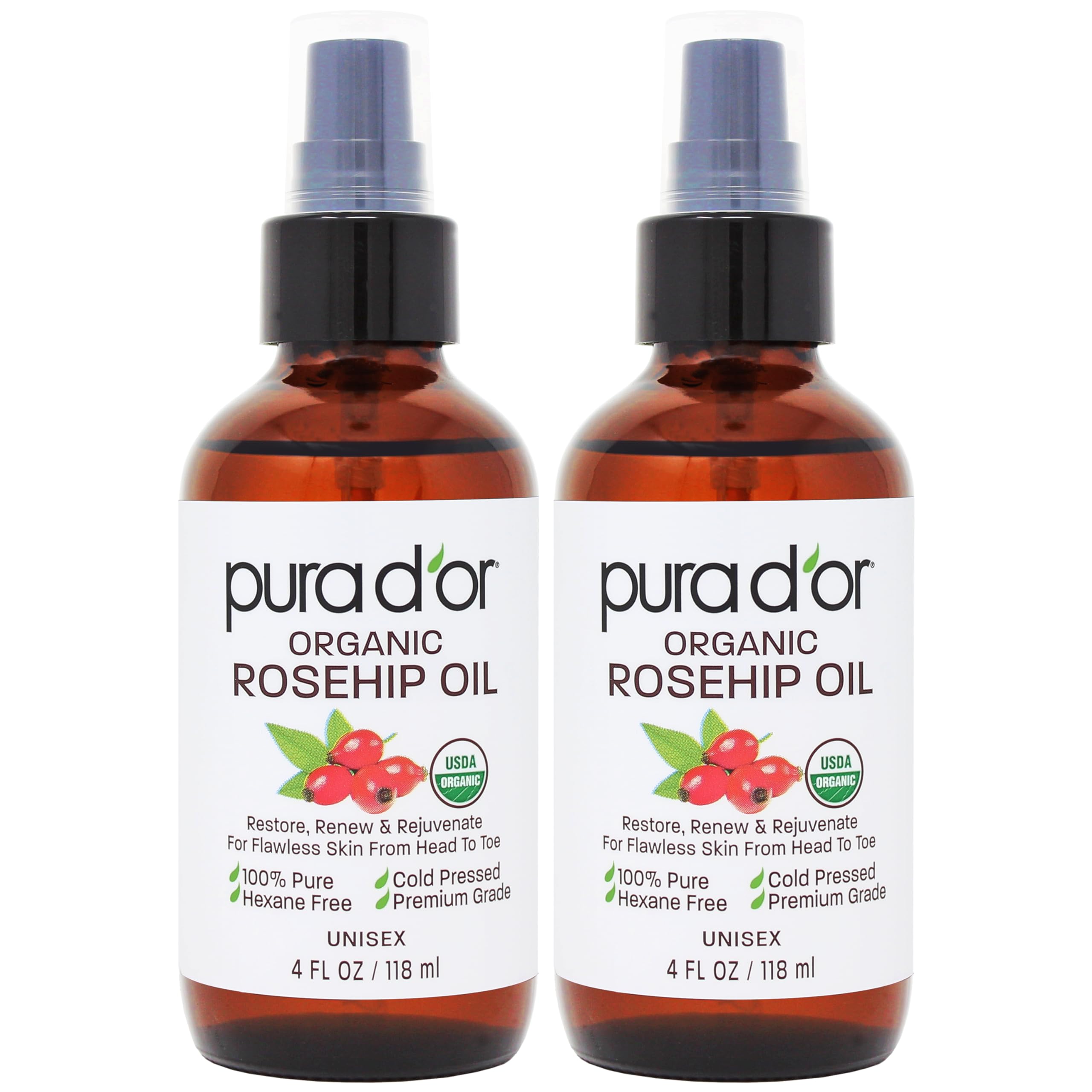 PURA D'OR ORGANIC Rosehip Seed Oil Hair Relaxer (4 Oz x2 = 8 Oz) 100% Pure Cold Pressed USDA Certified All Natural Anti-Aging, Scar Treatment, Gua Sha Massage, Face, Hair & Skin - Women & MenUSDA Organic