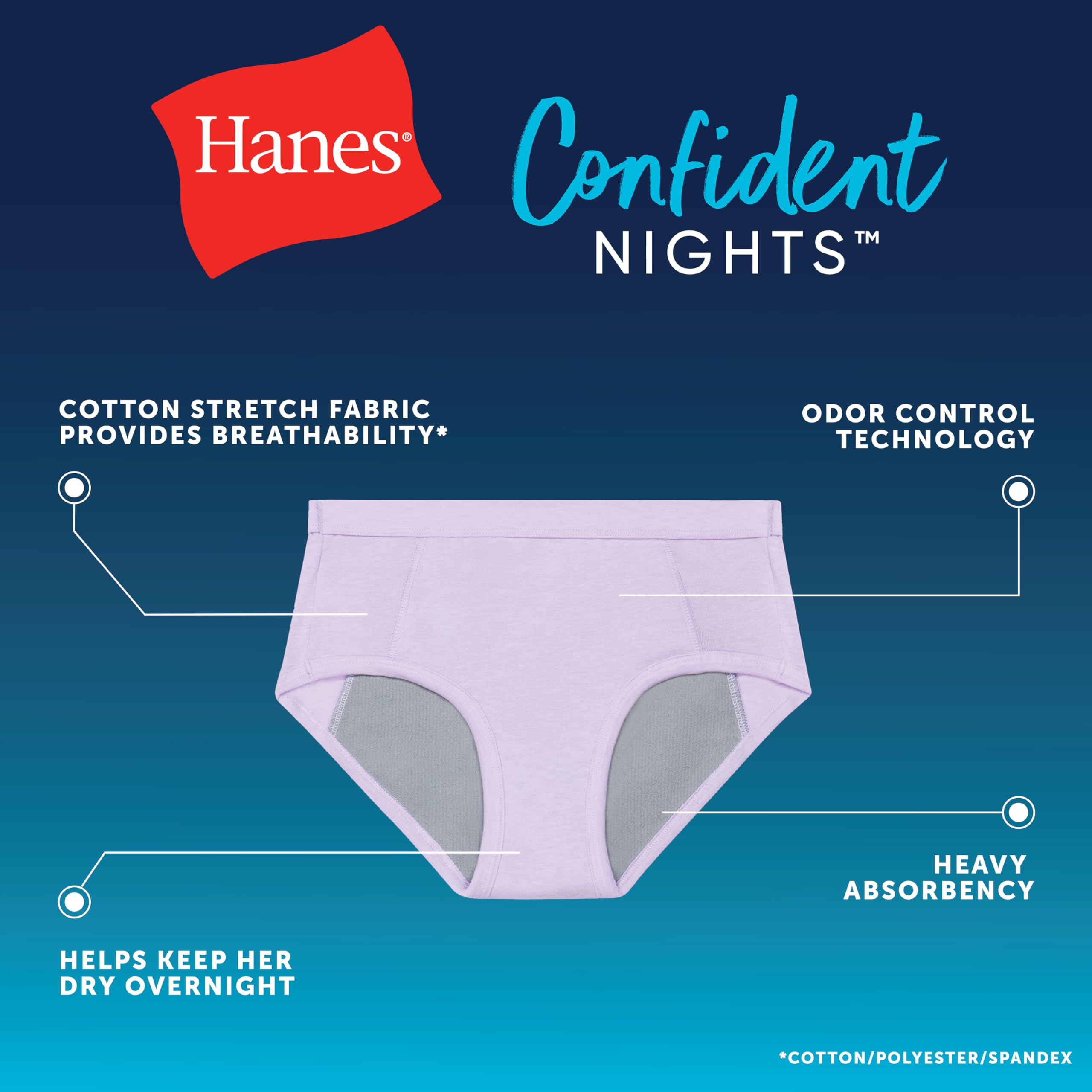 Hanes Assorbimento Slip 3 Paia Confident Nights Cotone Intimo Notte per Ragazze Viola/Nebbia/Grigio, 6