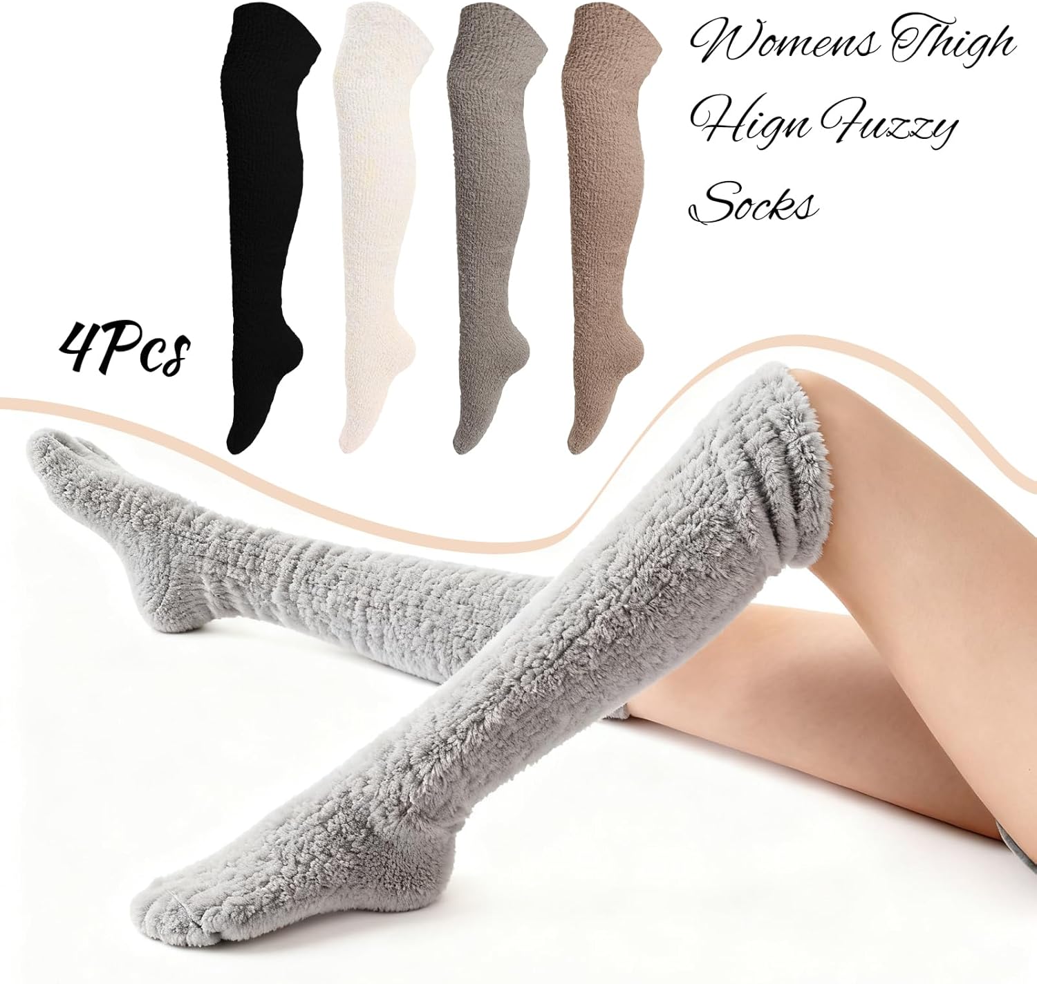 4/6 Pairs Women Knee High Fuzzy Socks Soft Cozy Long Thigh High Warm Stockings Slipper Plush Fleece Sock - Image 6