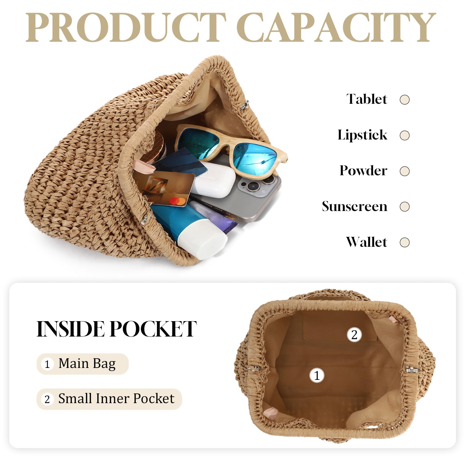 EVEOUT Clutch de Paja Trenzada con Cadena Mujer Boho Bolso Tejido para Fiesta Bodas Verano Bolsos de Mano Rafia Sintética para Playa Vacaciones — view 5