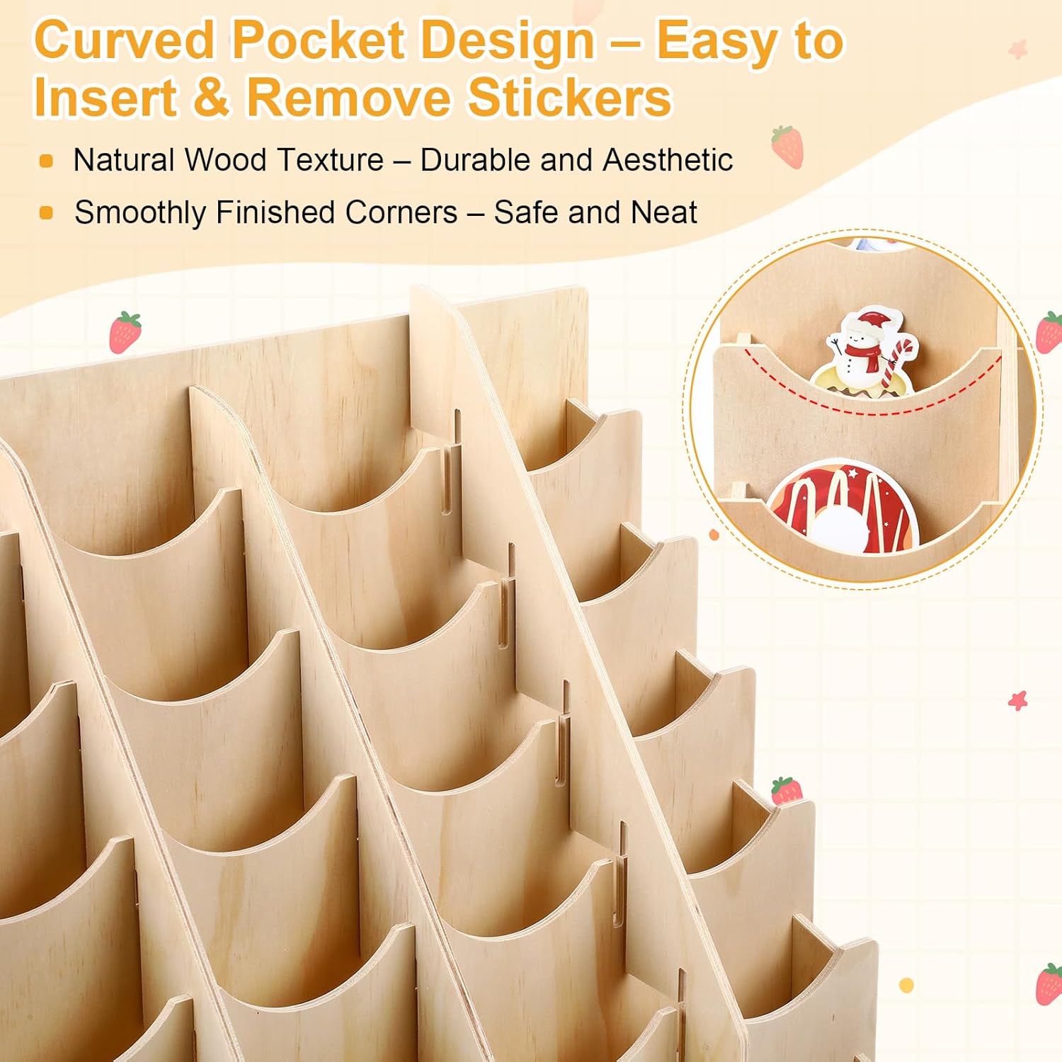 Colingmill Sticker Display Stand with 36 Curved Pockets for 4 Inch Stickers Wooden Brochure Bookmark Display Holder for Vendor Booths Wooden Greeting Card Organizer Rack for Small Business Shop Store