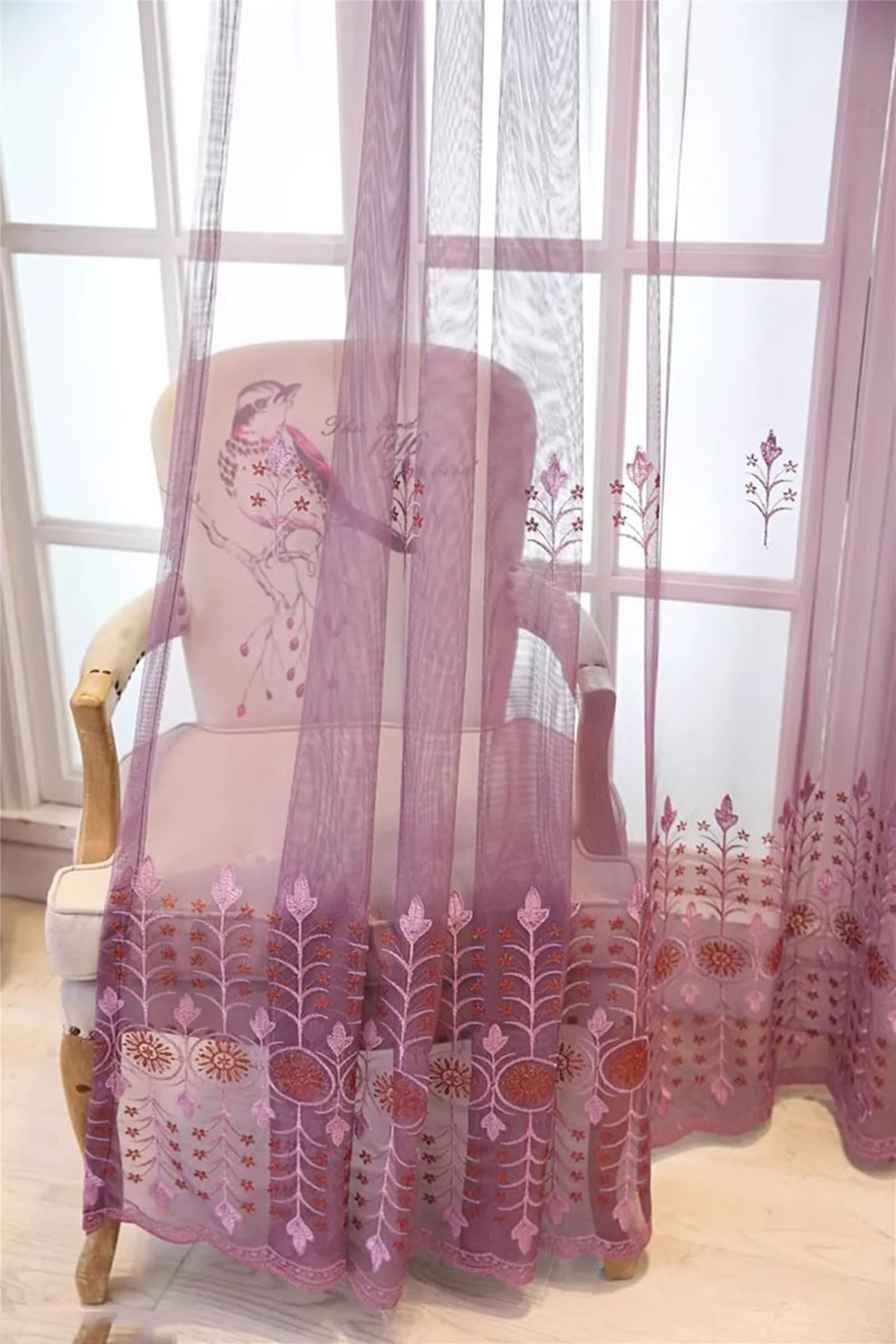 Rideau de Cuisine, Rideau Mariage Motif de Broderie en Dentelle Polyester Violet Foncé Voilage Fenetre 86L x 183H CM Lot de 2