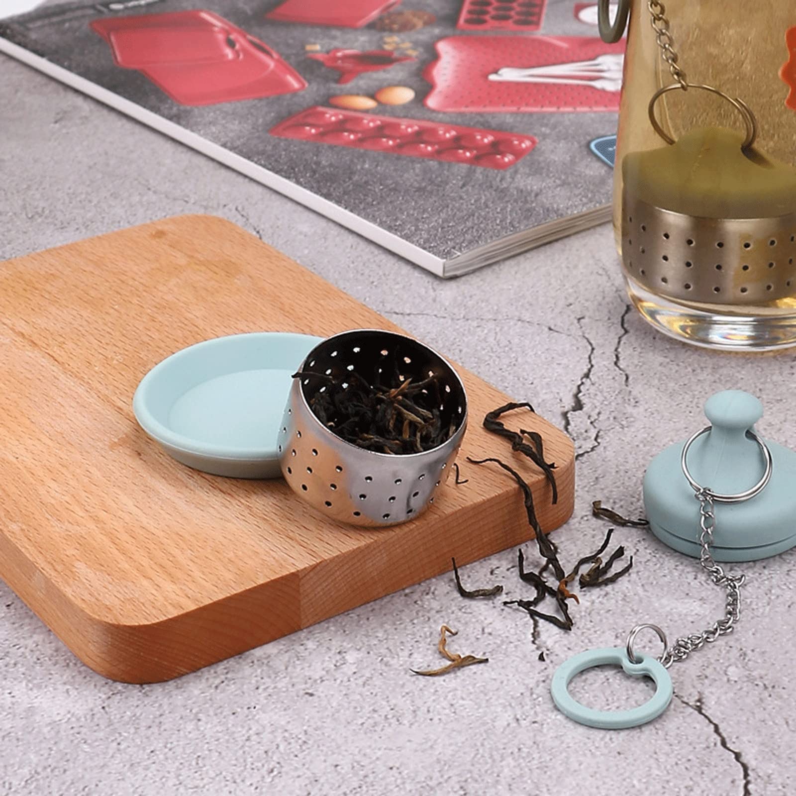 Colador de té creativo con cadena de filtro de té para fugas de té, simple para el hogar, vida en casa, silicona para fugas de té