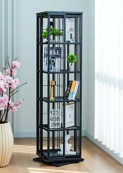DECORATIVE BLACK METAL 360  ROTARY BOOKSHELF 5 SHELF UNIT MULTI-PURPOSE LIVING ROOM OFFICE ORGANIZER