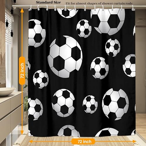 Miniatura 4 de Juego de cortina de ducha de fútbol blanco y negro con 12 ganchos de plástico, cortinas de baño de tela impermeable para decoración de baño, lavable