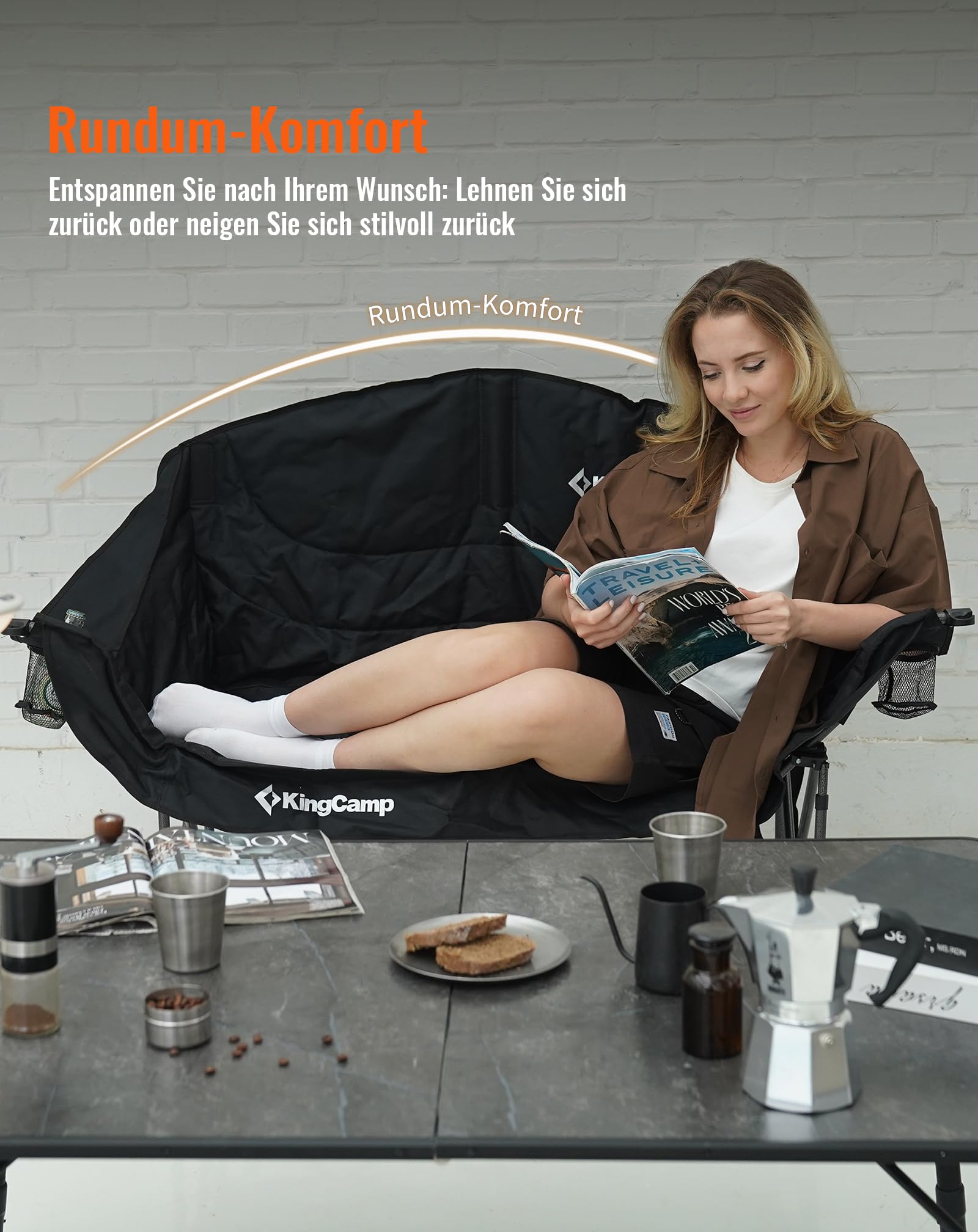 KingCamp XL Doppel Campingstuhl Faltbar bis 300kg Gepolstert Getränkehalter | Campingsessel Klappbar 2 Personen, Weinglashalter, Hochlehner, Armlehne & Tragetasche, Campingsofa 1 2 & 3 Sitzer für Garten