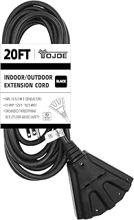 20 Foot Black Outdoor Extension Cord with 3 Power Outlets-16/3 SJTW Waterproof Extension Cable with 3 Prong Grounded Plug-16 Gauge Extension Cord for Garden-UL Listed