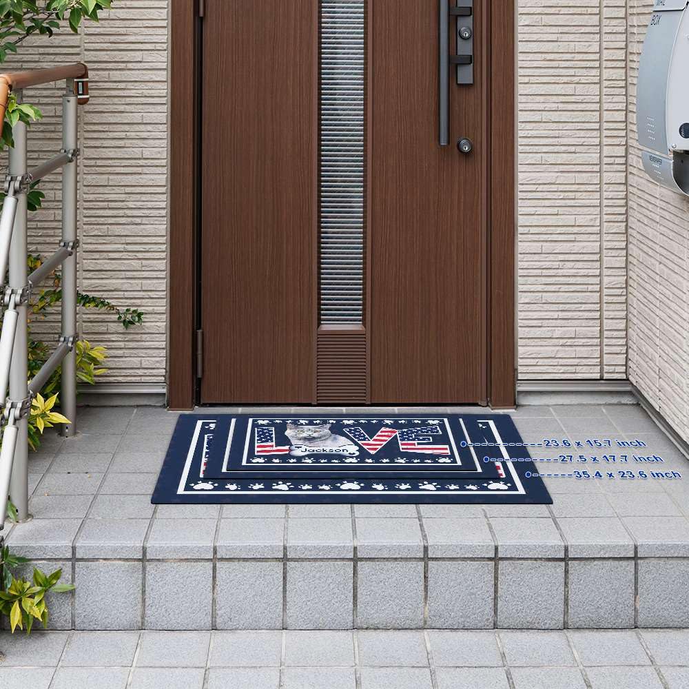 Felpudo de bienvenida personalizado con diseño patriótico de bandera americana con diseño de minueto, tapete antideslizante para porche, entrada, interior y exterior, decoración del hogar