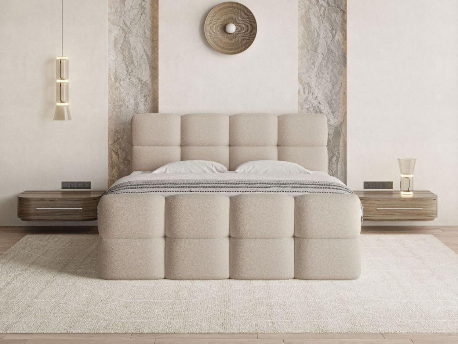 GRAINGOLD Rivon Bett, Boxspringbett mit Bettkasten, Polsterbett mit Bonell-Matratze, Boucle Stoff, mit Topper, mit Kopfteil (Beige, 160x200)