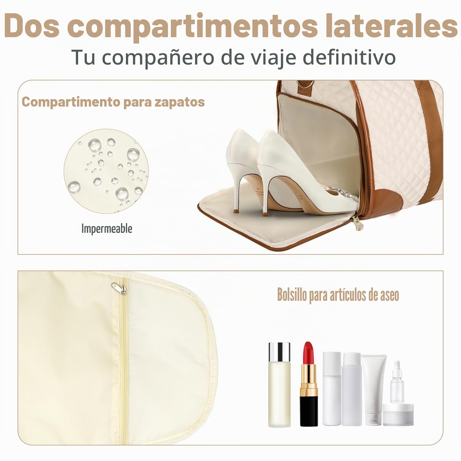 Portatrajes 2 en 1, Bolso de Viaje para Mujer, portatrajes Convertible para Llevar contigo, Bolso de Lona Grande Impermeable de Cuero PU con Bolsa para Zapatos,Beige