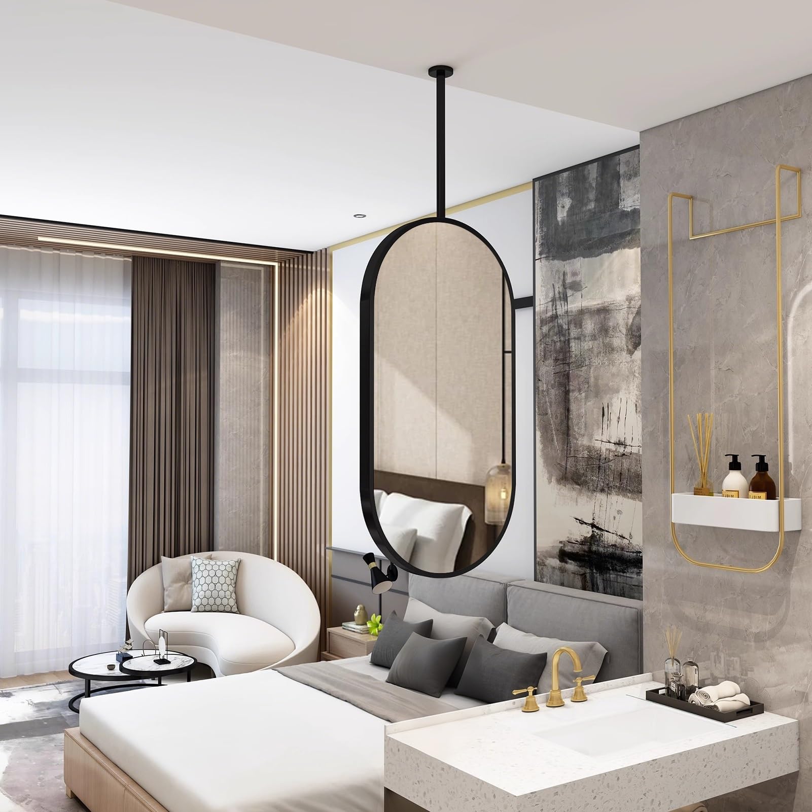 Miroir suspendu plafond noir 50 cm pour libérer l'espace mural de votre petite salle de bain