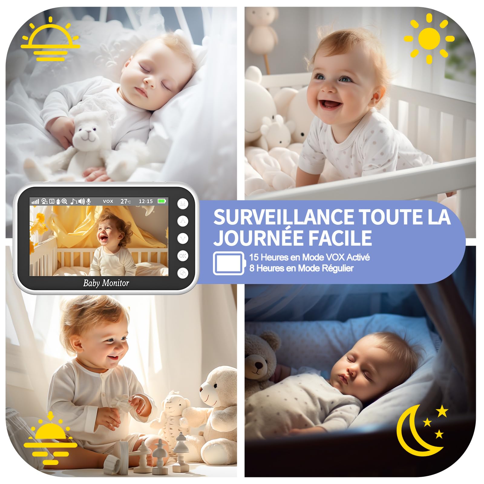 OBVHNUA Babyphone Camera 4,3" 720P Baby Phone Vidéo Moniteur Bébé Zoom Enregistrement sur Carte SD Pan-Tilt VOX Vision Nocturne Audio Bidirectionnelle Capteur de Température 8 Berceuses 5 Réveil