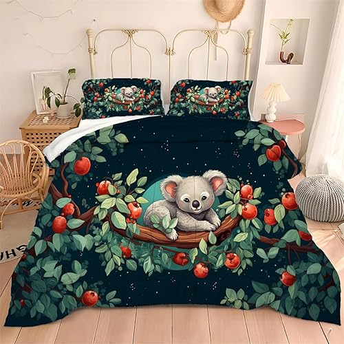 Bonito juego de edredón con estampado de koala de dibujos animados para niños, tamaño individual, galaxia, cielo estrellado, manzano, árbol de