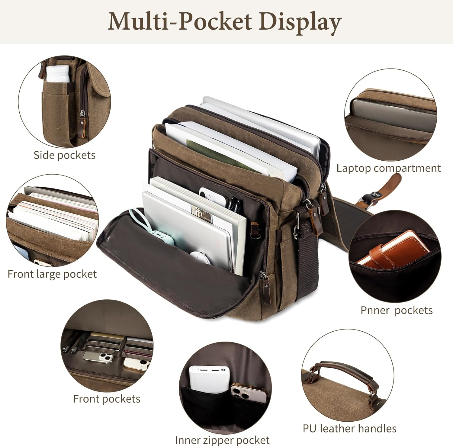 Wogarl 15.6" Messenger Bag for Men: Leather Waxed Canvas Briefcase Large Computer Laptop Bag Handbags Crossbody Bags for Work - Image 4