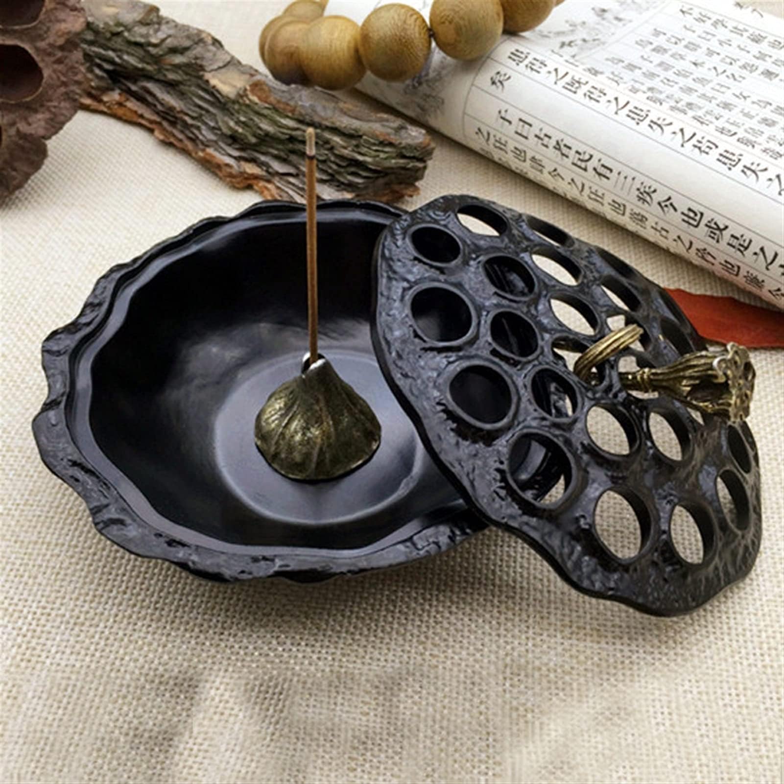 YAOLUU Zen Decor Creative Copper Alloy Lotus Incense Burner Home Decor Handcrafts Coil Censer Holder Religious Articles Yoga Office Ornaments Ash Catcher