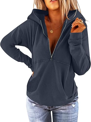 PGANDS Sudaderas con capucha de forro polar con media cremallera para mujer, manga larga, cuello forrado, cremallera y bolsillo