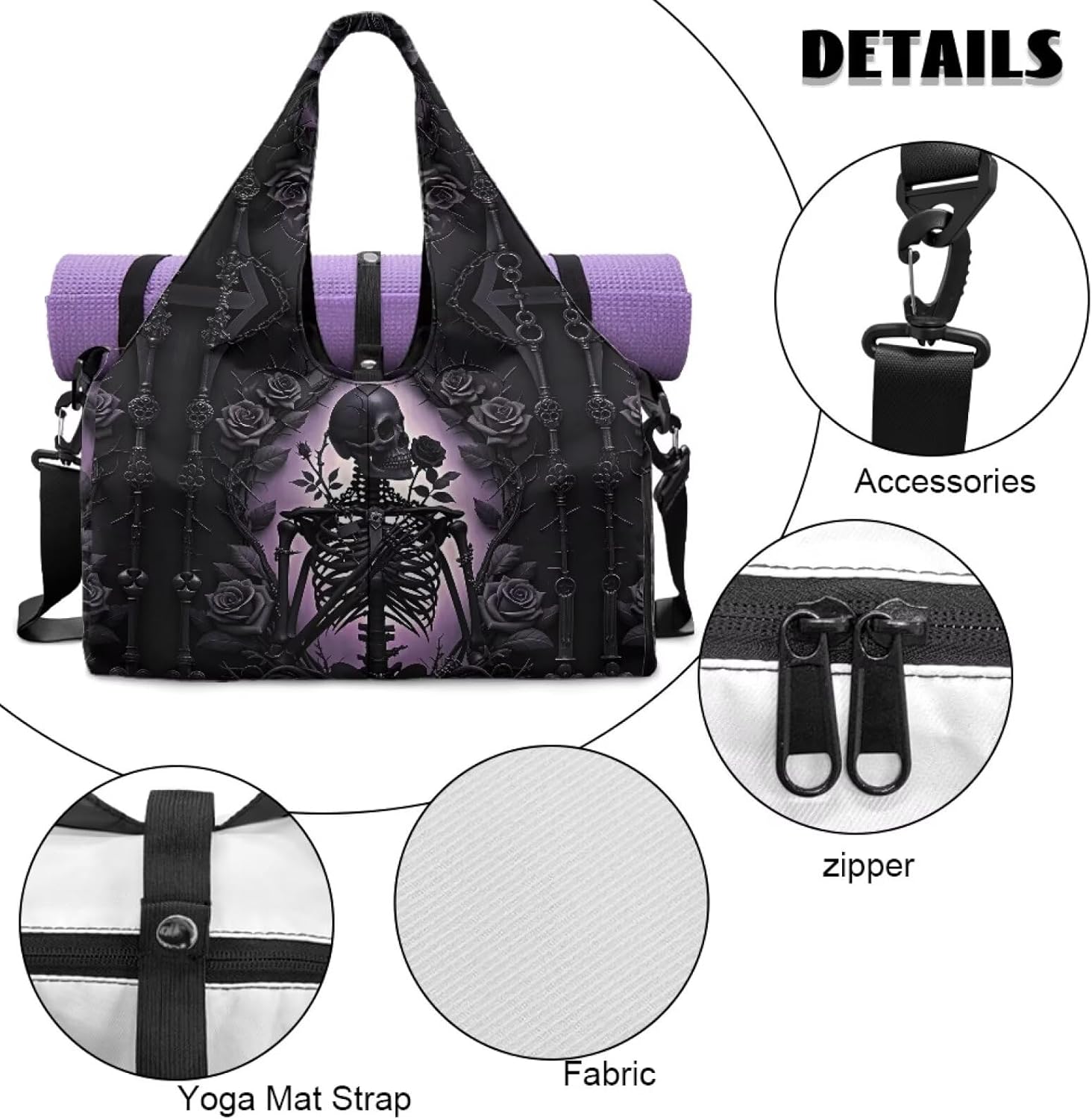 Goth Rose Bat Yoga Gym Bags for Women with Yoga Mat Holder Crow Skull Shoes Compartment Tote Handbag for Travel