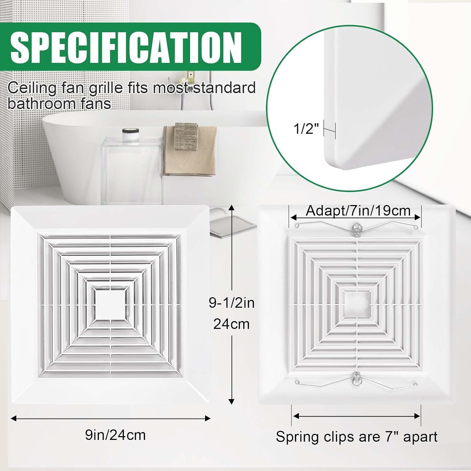 White 2 Piece ( 9 “x 9 ”Inch) Bathroom Exhaust Fan Cover with Spring, Square Ceiling or Wall Mounted Exhaust Fan, Ceiling Fan, Grille, Air Diffuser, Diverter Ventilation Hood, Replacement Accessories image 2