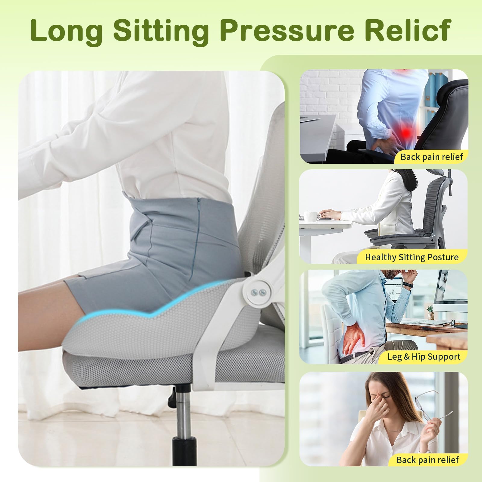 Coussin de Siège Ergonomique en Mousse à Mémoire,Coussin Chaise Bureau Voiture,Soulage Le Coccyx et la Sciatique,Antidérapant,Housse Lavable,Soutien Hanche & Dos