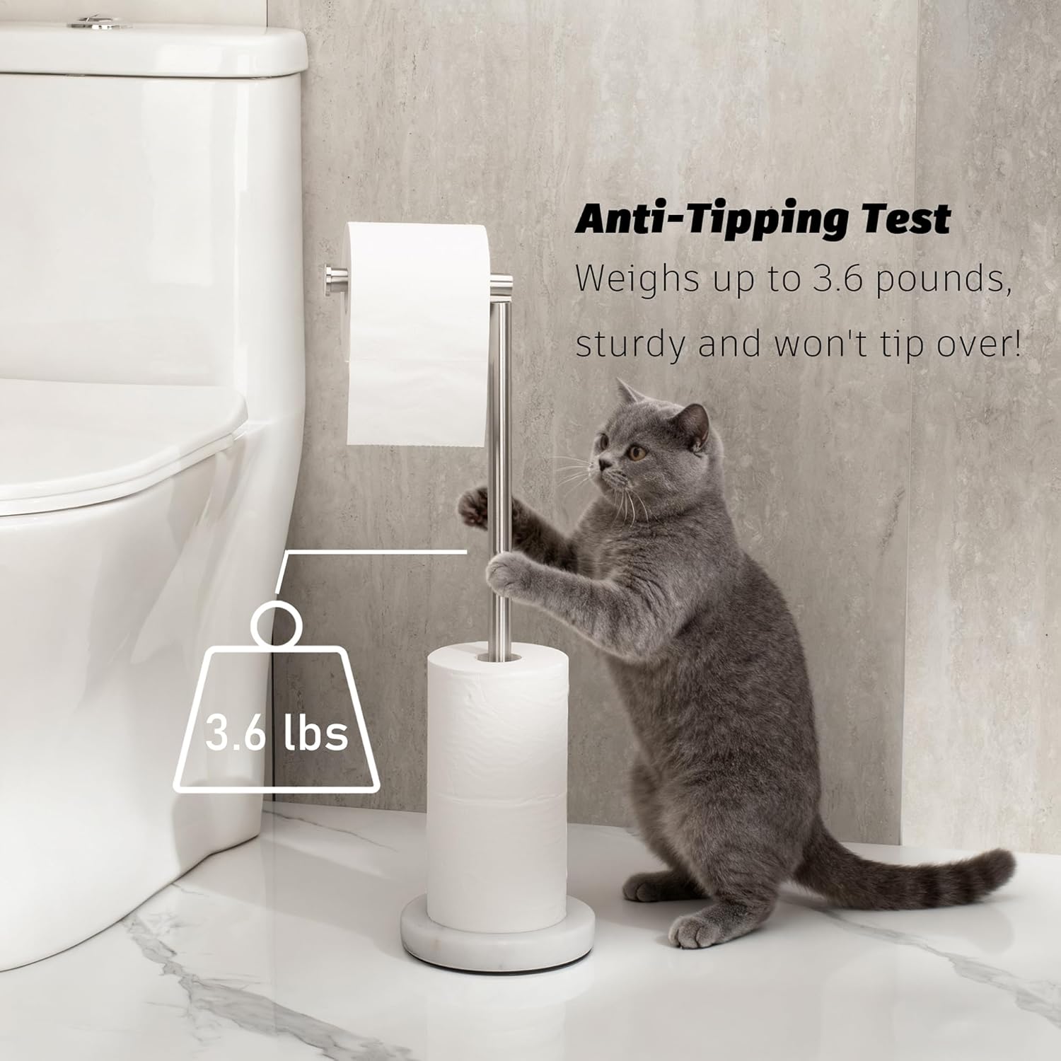 Toilet Paper Holder Stand, Heavy Weighted Modern Floor Freestanding Toilet Paper Holder for Bathroom, Tissue Roll Storage, tp Holders (Brushed Nickel Stainless Steel Bar, White Natural Marble Base)