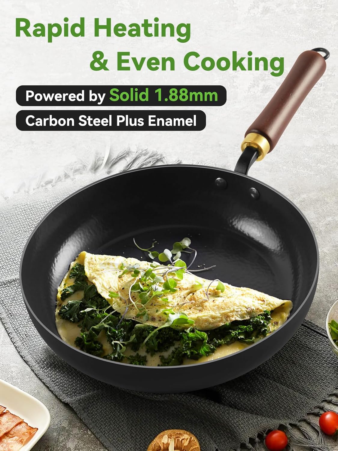 Carbon Steel Skillet, 11-Inch Nonstick Frying Pan, Stay-Cool Wooden Handle, Non Toxic, PTFE & PFOA Free Oven-Safe, Season-Free Enameled Carbon Steel Pan - Image 2