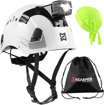 HEARMOR Working at Heights Industrial Helmet for Adults Construction Helmet with LED Headlamp Including ABS Safety Passed EN12492 Certification, EN397 Shock Absorption and Penetration Resistance Test