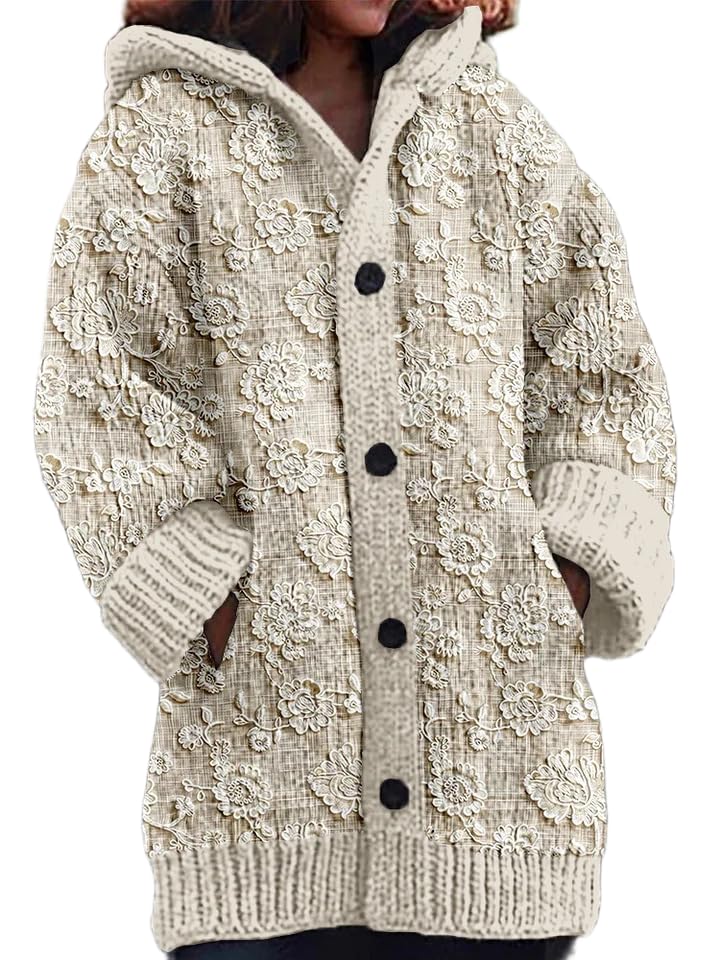 TIAFORD Womens Floral Lace Print Hooded Cardigan Beige Long Sleeve Casual Button Down Knitted Sweater