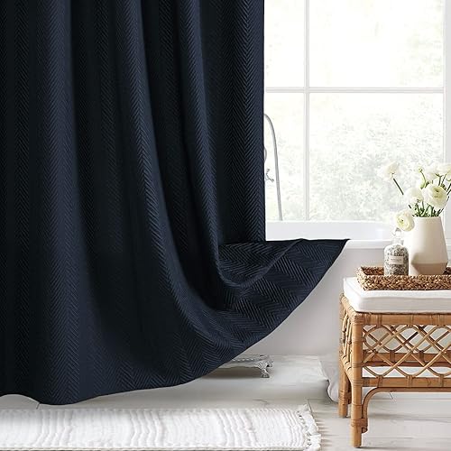 Miniatura 5 de Gibelle Cortina de ducha azul marino, cortina de ducha de tela de espiga texturizada en relieve 3D, moderna decoración de baño de granja, juego de